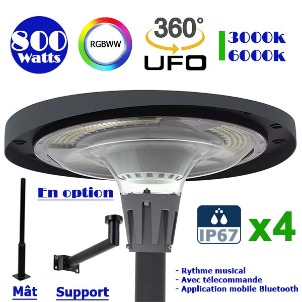 Pack de 4x Lampes LED solaires - Série OVNI FUTUR - RGBWW - Type UFO - 800 Watts - 2000 lumens - Panneau Polycristallin - Diamètre tube d'insertion 76 mm - Télécommande - Application mobile Bluetooth - Rythme musical - Couleur 3000K / 6000K / RGB