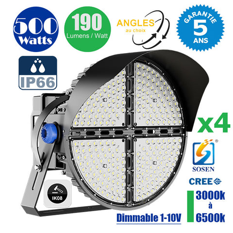 Pack de 4x Projecteurs de stade filaire - Série ROUND V2 - 500 Watts -  95 000 Lumens - 190 Lumens/Watt - Angle 20° /  30° / 45° / 60° au choix - IP66 - 59 x 51 x 26 cm - 3000k à 6500k - Dimmable - Transformateur SOSEN - Garantie 5 ans