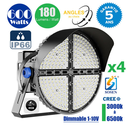Pack de 4x Projecteurs de stade filaire - Série ROUND V2 - 600 Watts -  108 000 Lumens - 180 Lumens/Watt - Angle 20° /  30° / 45° / 60° au choix - IP66 - 59 x 51 x 26 cm - 3000k à 6500k - Dimmable - Transformateur SOSEN - Garantie 5 ans