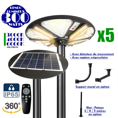 Pack de 5x Lampes solaires pour extérieur - Série OVNI TRICOLORE - Rendu lumineux 300W - 2000 lumens - IP65 - Détecteur de mouvement - Capteur crépusculaire - Couleur de température au choix - Diamètre tube d'insertion 60/76mm - Mât / Poteau en option