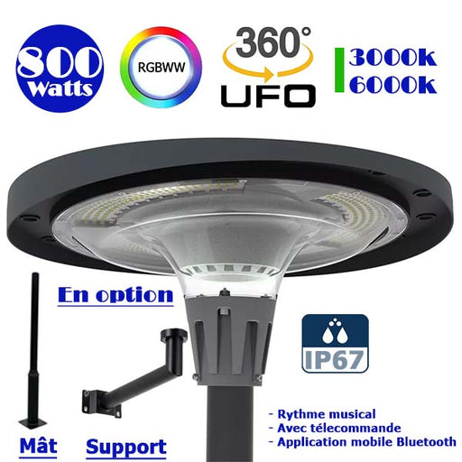 Lampe LED solaire  - Série OVNI FUTUR - RGBWW - Type UFO - 800 Watts - 2000 lumens - Panneau Polycristallin - IP67 - Angle 360° - 58 x 25 cm - Télécommande - Application mobile Bluetooth - Rythme musical - Couleur 3000K / 6000K / RGB