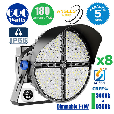 Pack de 8x Projecteurs de stade filaire - Série ROUND V2 - 600 Watts -  108 000 Lumens - 180 Lumens/Watt - Angle 20° /  30° / 45° / 60° au choix - IP66 - 59 x 51 x 26 cm - 3000k à 6500k - Dimmable - Transformateur SOSEN - Garantie 5 ans