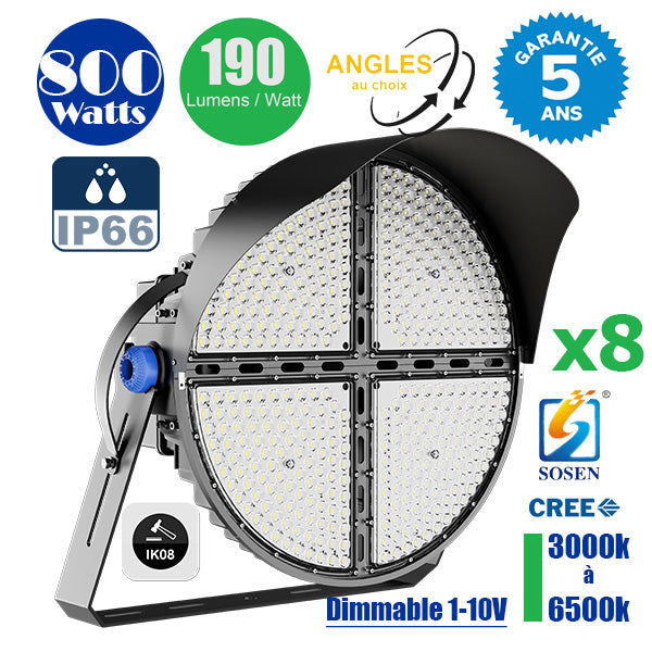 Pack de 6x Projecteurs haute puissance LED de stade filaire - Série EXCEPTION - 750 Watts - 112 500 Lumens - 150 Lumens/Watt - Angle 20°/40°/60°/20°x95° au choix - 44 x 58 x 11 cm - IP66 - IK08 - 2700k à 6500k - Transformateur Meanwell- Garantie 5 ans