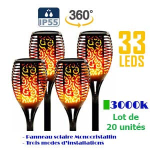 Lot de 20x Lampes LED de jardin solaire – Série KO-LANTA V2 – Modèle MAXI - 33 LEDs - Angle 360°- IP55 - 58 x 10 cm – Trois modes d’installations – Panneau solaire Monocristallin