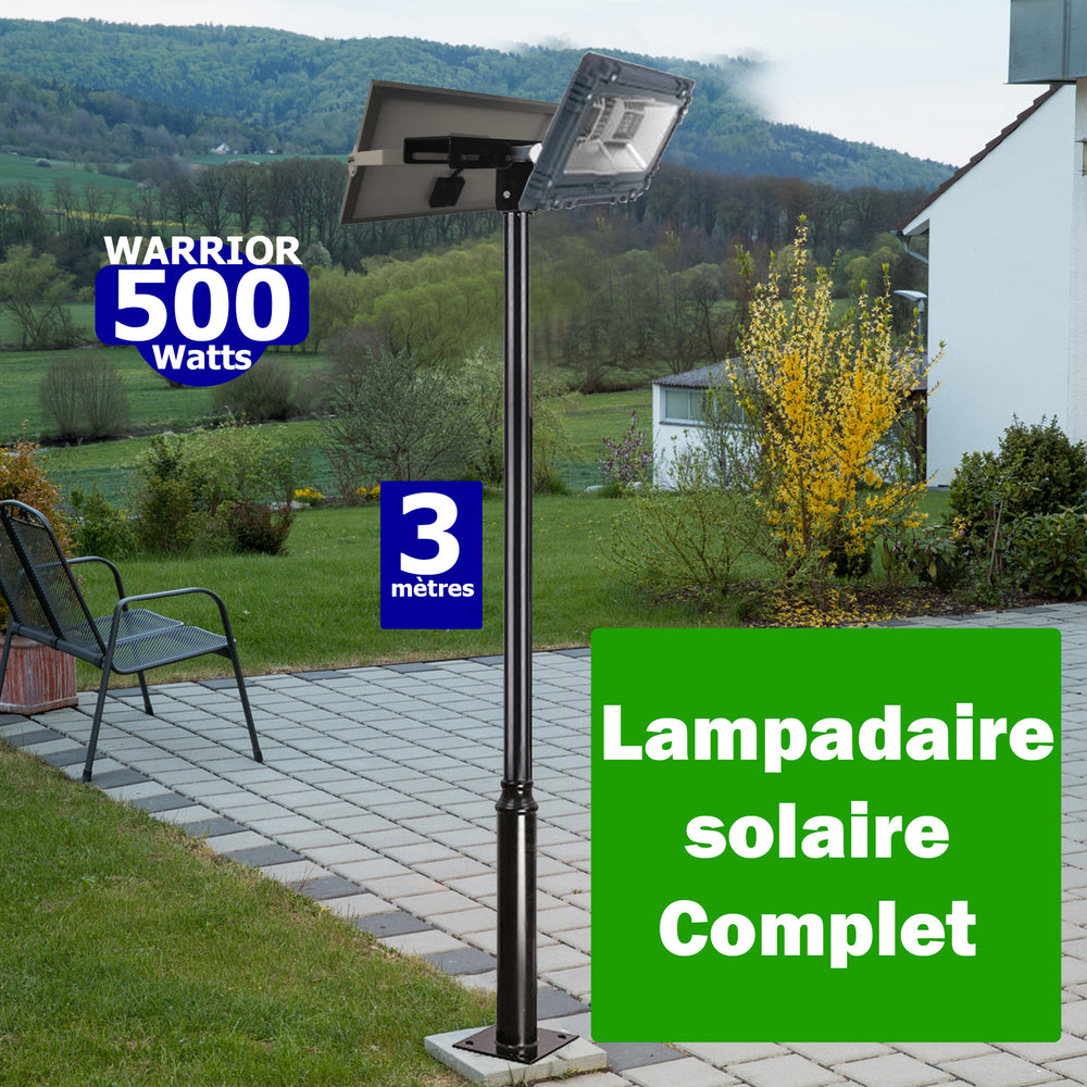 Pack lampadaire complet 3 mètres : Projecteur LED Solaire Série WARRIOR STANDARD 500 Watts  - 6000K + Mât STANDARD 3 mètres
