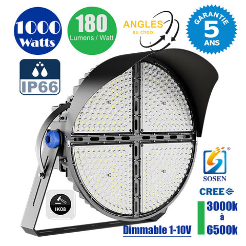 Projecteur de stade filaire - Série ROUND V2 - 1000 Watts -  180 000 Lumens - 180 Lumens/Watt - Angle 20° /  30° / 45° / 60° au choix - IP66 - 70 x 65 x 26 cm - 3000k à 6500k - Dimmable - Transformateur SOSEN - Garantie 5 ans