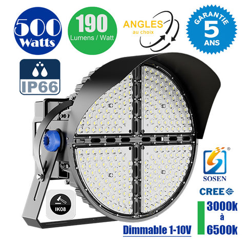 Projecteur de stade filaire - Série ROUND V2 - 500 Watts -  95 000 Lumens - 190 Lumens/Watt - Angle 20° /  30° / 45° / 60° au choix - IP66 - 59 x 51 x 26 cm - 3000k à 6500k - Dimmable - Transformateur SOSEN - Garantie 5 ans
