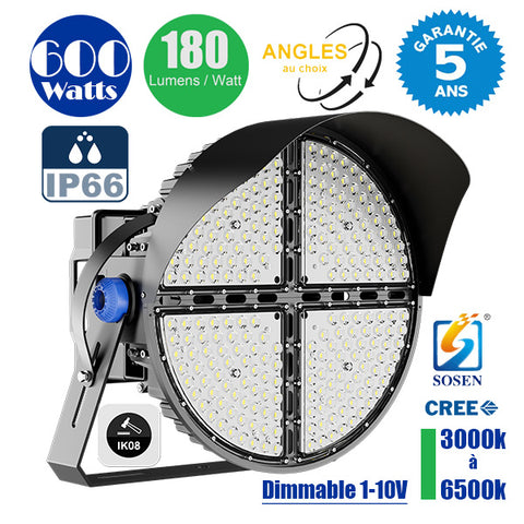 Projecteur de stade filaire - Série ROUND V2 - 600 Watts -  108 000 Lumens - 180 Lumens/Watt - Angle 20° /  30° / 45° / 60° au choix - IP66 - 59 x 51 x 26 cm - 3000k à 6500k - Dimmable - Transformateur SOSEN - Garantie 5 ans