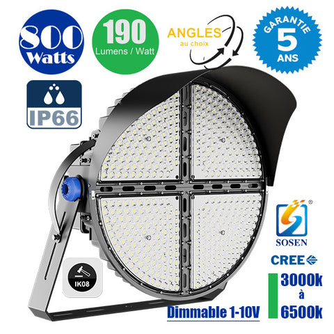 Projecteur de stade filaire - Série ROUND V2 - 800 Watts -  152 000 Lumens - 190 Lumens/Watt - Angle 20° /  30° / 45° / 60° au choix - IP66 - 70 x 65 x 26 cm - 3000k à 6500k - Dimmable - Transformateur SOSEN - Garantie 5 ans