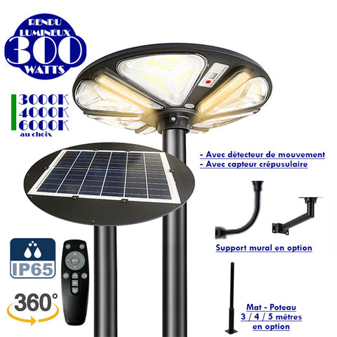 Lampe solaire pour extérieur - Série OVNI TRICOLORE - Rendu lumineux 300W - 2000 lumens - IP65 - Télécommande - Détecteur de mouvement - Capteur crépusculaire - Couleur de température au choix - Diamètre tube d'insertion 60/76mm - Mât / Poteau en option