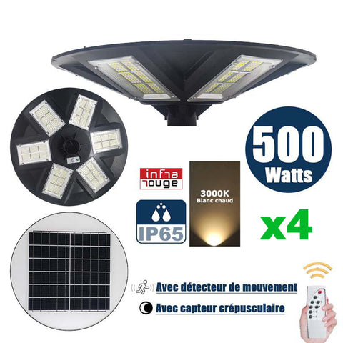 Pack de 4x Lampes solaires pour extérieur - Série OVNI - Version HERCULE 500 - Rendu lumineux 500 Watts - 2200 lumens - Angle 360° - Tube d'insertion 60/76mm - Avec détecteur de mouvement – Capteur crépusculaire - Avec télécommande - 3000k