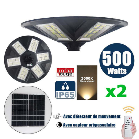 Pack de 2x Lampes solaires pour extérieur - Série OVNI - Version HERCULE 500 - Rendu lumineux 500 Watts - 2200 lumens - Angle 360° - Tube d'insertion 60/76mm - Avec détecteur de mouvement – Capteur crépusculaire - Avec télécommande - 3000k