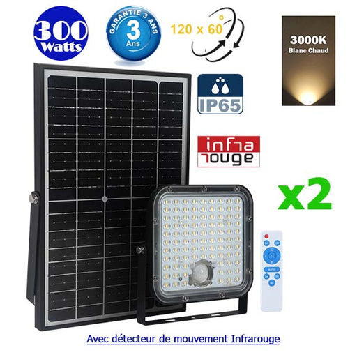 Projecteur LED Solaire 300W IP67 avec Caméra Crépusculaire/Détecteur de  Mouvement avec Télécommande • IluminaShop France