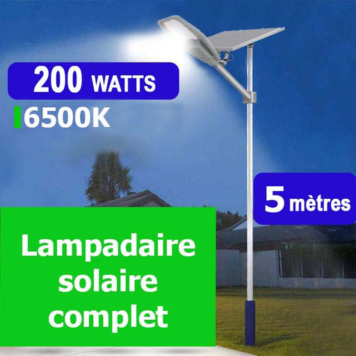 Pack lampadaire solaire complet 5 mètres : Lampe solaire Série INTERSTELLAR 200 Watts 6500K + Mât STANDARD 5 mètres