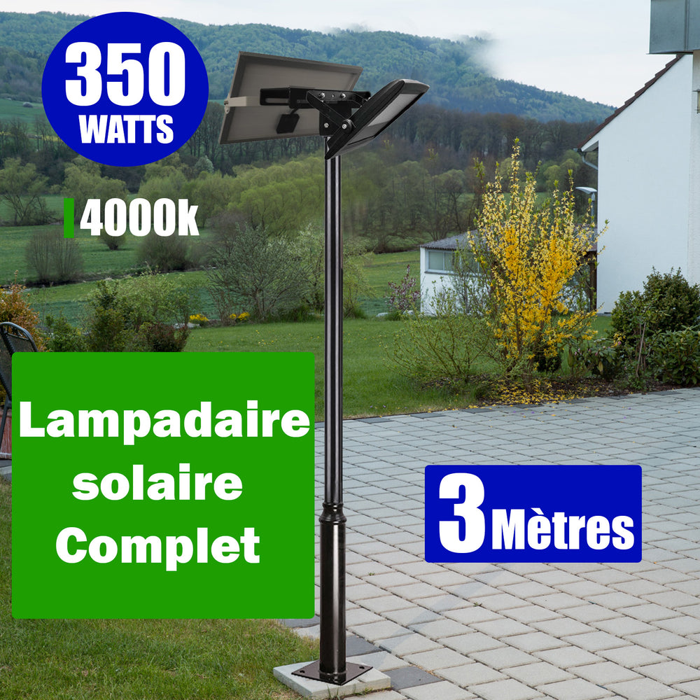 Pack lampadaire complet 3 mètres : Lampe solaire Série BIG BOY EVO 350 Watts 4000k + Mât STANDARD 3 mètres