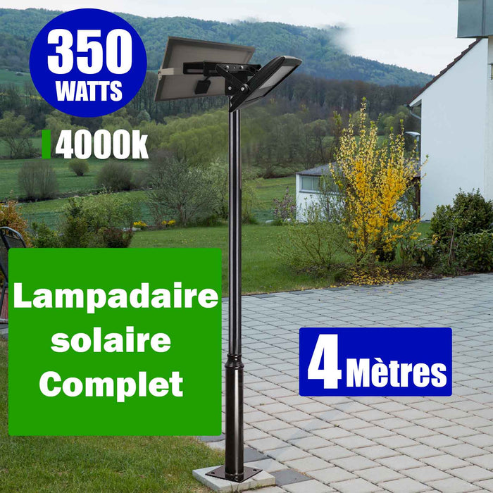 Pack lampadaire complet 4 mètres : Lampe solaire Série BIG BOY EVO 350 Watts 4000k + Mât STANDARD 4 mètres