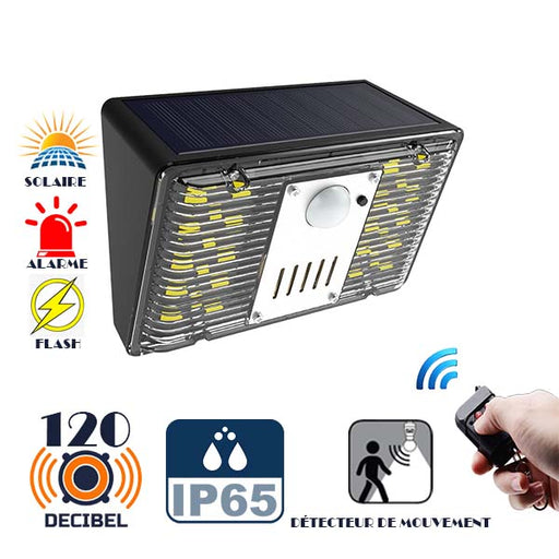 Projecteur + Alarme LED solaire - Série  TACTIC V2 - 120dB - IP65 - 12 x 8 x 6 cm - Avec télécommande - Avec détecteur de mouvement - 4 modes - Installation facile