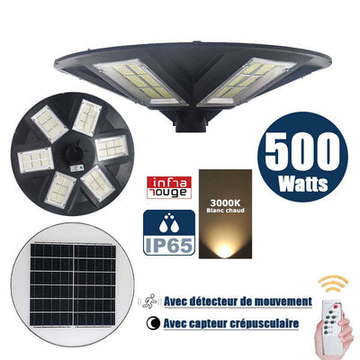 Lampe solaire pour extérieur - Série OVNI - Version HERCULE 500 - Rendu lumineux 500 Watts - 2200 lumens - Angle 360° - IP65 - Diamètre tube d'insertion 60/76mm - Avec détecteur de mouvement – Capteur crépusculaire - Avec télécommande - 3000k