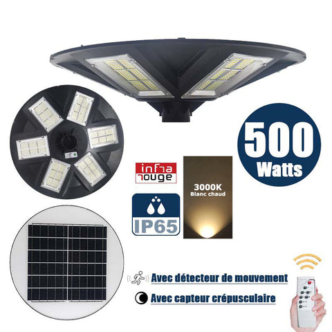 Lampe solaire pour extérieur - Série OVNI - Version HERCULE 500 - Rendu lumineux 500 Watts - 2200 lumens - Angle 360° - IP65 - Diamètre tube d'insertion 60/76mm - Avec détecteur de mouvement – Capteur crépusculaire - Avec télécommande - 3000k