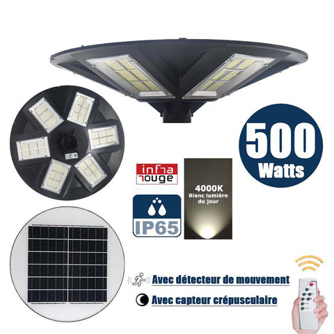Lampe solaire pour extérieur - Série OVNI - Version HERCULE 500 - Rendu lumineux 500 Watts - 2200 lumens - Angle 360° - IP65 - Diamètre tube d'insertion 60/76mm - Avec détecteur de mouvement – Capteur crépusculaire - Avec télécommande - 4000k