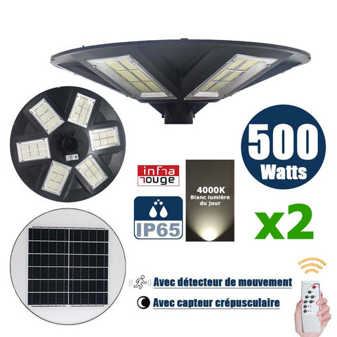 Pack de 2x Lampes solaires pour extérieur - Série OVNI - Version HERCULE 500 - Rendu lumineux 500 Watts - 2200 lumens - Angle 360° - Tube d'insertion 60/76mm - Avec détecteur de mouvement – Capteur crépusculaire - Avec télécommande - 4000k