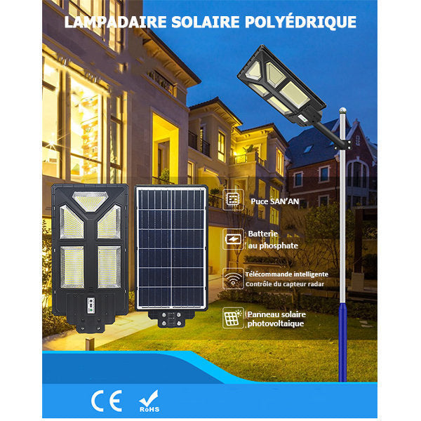 Pack lampadaire solaire complet 6 mètres : Lampe solaire Série POWER ULTRA 200 Watts 6500k + Mât STANDARD 6 mètres