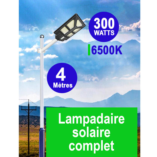 Pack lampadaire solaire complet 4 mètres : Lampe solaire Série POWER ULTRA 300 Watts 6500k + Mât STANDARD 4 mètres