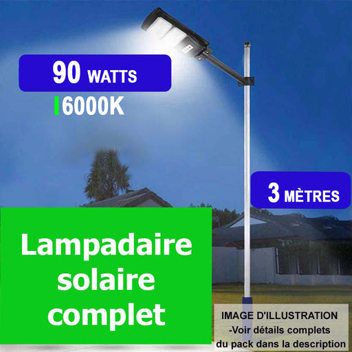 Pack lampadaire complet 3 mètres : Lampe solaire Série VIEW 90 Watts 6000k + Mât STANDARD 3 mètres