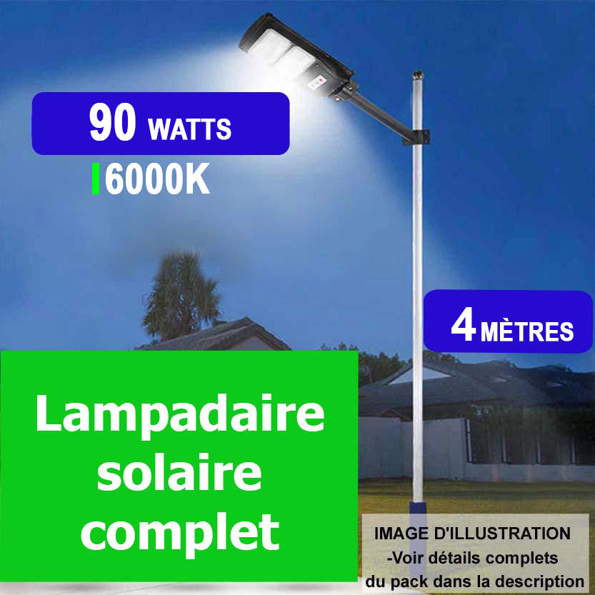 Pack lampadaire complet 4 mètres : Lampe solaire Série VIEW 90 Watts 6000k + Mât STANDARD 4 mètres