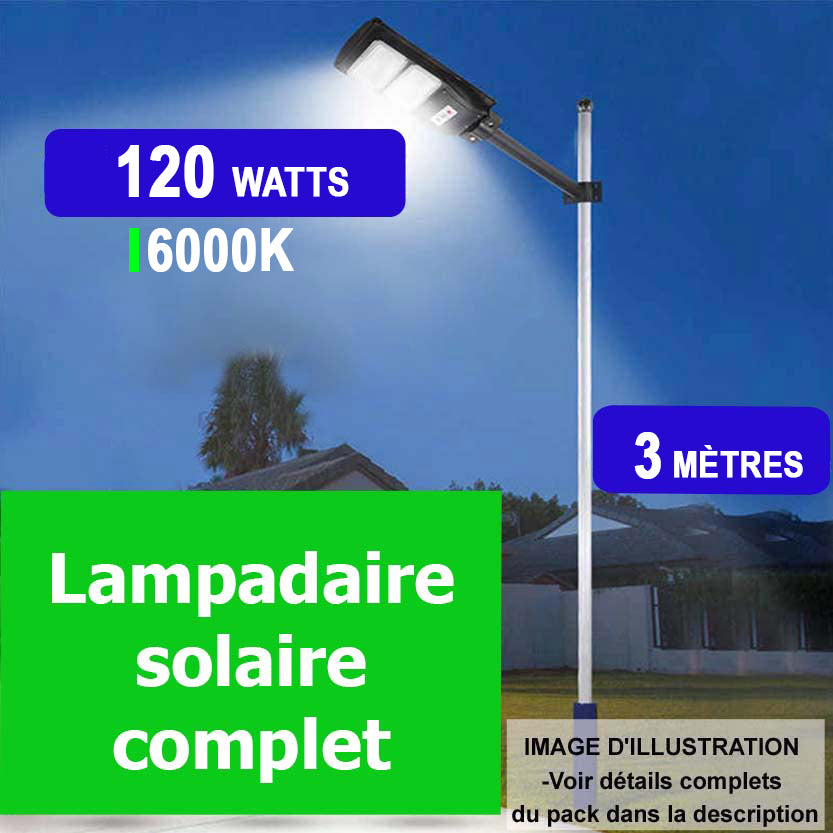 Pack lampadaire complet 3 mètres : Lampe solaire Série VIEW 120 Watts 6000k + Mât STANDARD 3 mètres
