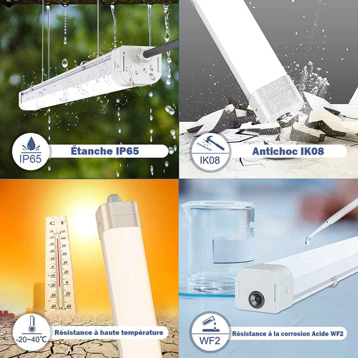 Pack de 24x Réglettes LED étanches connectables - Série EASY-LINK - Version HAUT RENDEMENT - 45 Watts - 6300 Lumens - 140 Lumens/Watt - 157 x 26 x 15 cm - Angle 120° - IP65 - 4000k / 5000k - Transformateur TRIDONIC - Garantie 5 ans