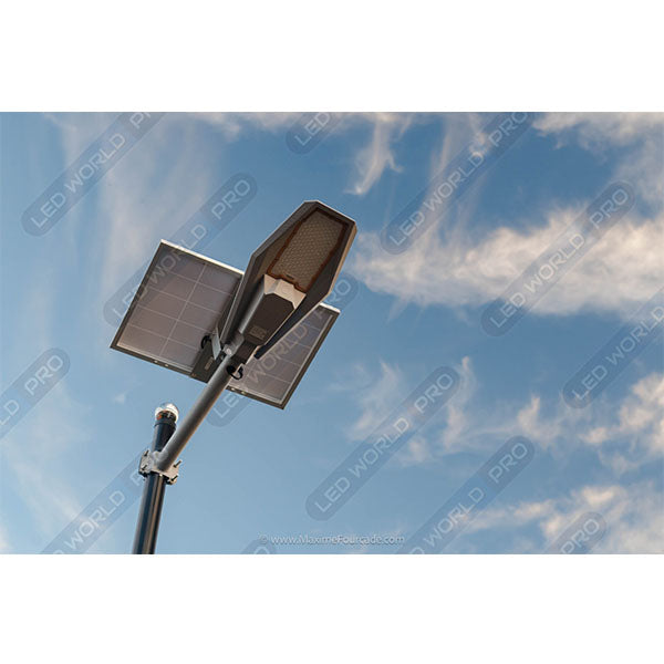 Pack de 2x Lampes de rue solaire - Série INTERSTELLAR - 200 Watts - 2100 lumens - 180° - IP67 - Panneau solaire 58 x 35 cm - Avec Télécommande - Support  inclus - 3000K - Capteur crépusculaire