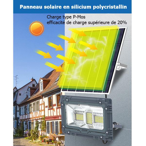 Projecteur LED solaire - Série WARRIOR - 300 Watts - Angle 120° - Lampe 34 x 27 x 7 cm - Panneau solaire 58 x 35 cm - IP67 - Avec télécommande - Dernière génération Solaire - Couleur éclairage 4000K
