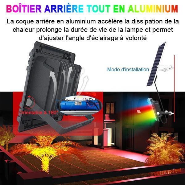 Projecteur LED solaire - Série WARRIOR RGBW (Multicolores + Blanc) - 500 Watts - Angle 120° - Lampe 38,5 x 30,3 x 8 cm - IP67 - Avec télécommande - Avec capteur crépusculaire - Bluetooth - Rythme musical - Panneau solaire inclus