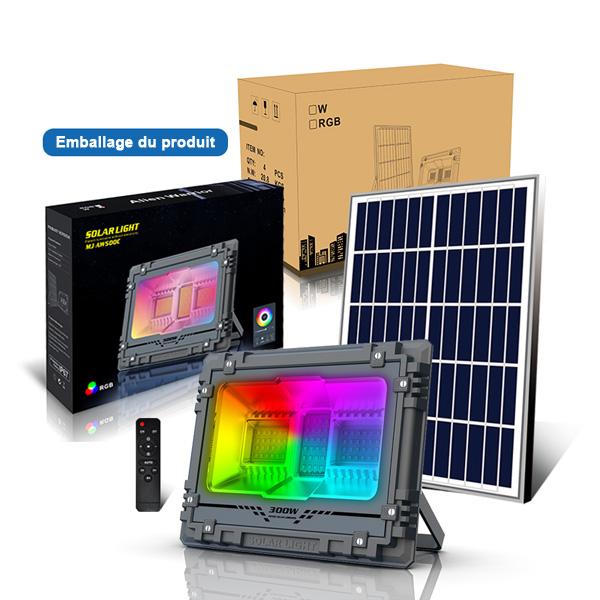 Pack de 2x Projecteurs LED solaires - Série WARRIOR RGBW (Multicolores + Blanc) - 100 Watts - Angle 120°- IP67 - Avec télécommande - Avec capteur crépusculaire - Bluetooth - Rythme musical