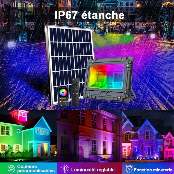 Pack de 2x Projecteurs LED solaires - Série WARRIOR RGBW (Multicolores + Blanc) - 300 Watts - Angle 120° - Lampe 34 x 27 x 8 cm - IP67 - Avec télécommande - Avec capteur crépusculaire - Bluetooth - Rythme musical