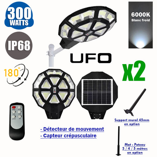 Pack de 2x Lampadaires solaires UFO - Série NEPTUNE - Rendu lumineux 300W - 2000 lumens - Angle 180° - IP68 - Lampe 65 x 56 x 7 cm - Diamètre tube d’insertion 45mm - Télécommande - Détecteur de mouvement PIR - Capteur crépusculaire - 6000k