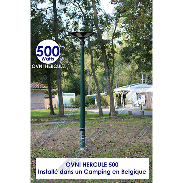 Pack lampadaire complet 5 mètres : Lampe solaire Série OVNI HERCULE 500 Watts - 2200 lumens - 3000K - Angle 360° + Mât STANDARD 5 mètres