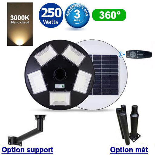 Lampe solaire pour extérieur - Série OVNI BASIC - 250 Watts - 1900 lumens - Angle 360° -  IP65 - Avec détecteur de mouvement - Avec télécommande - Contrôleur MPPT - Diamètre tube d'insertion 80 mm - Mât / Poteau en option - Garantie 3 ans - 3000K