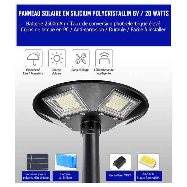 Pack lampadaire complet 5 mètres : Lampe solaire Série OVNI BASIC 250 Watts 3000k + Mât STANDARD 5 mètres