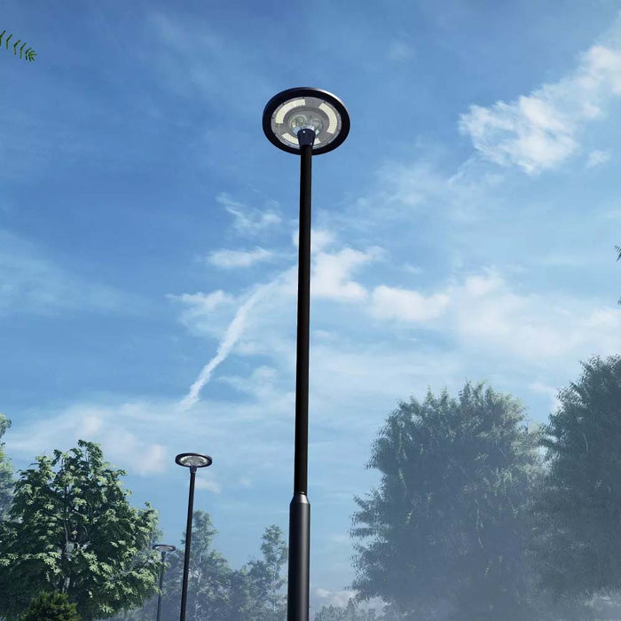 Pack lampadaire complet 4 mètres : Lampe solaire Série OVNI FUTUR 1200 Watts 3000k / 6000k / RGB + Mât STANDARD V3 - 4 mètres - Couleur Gris