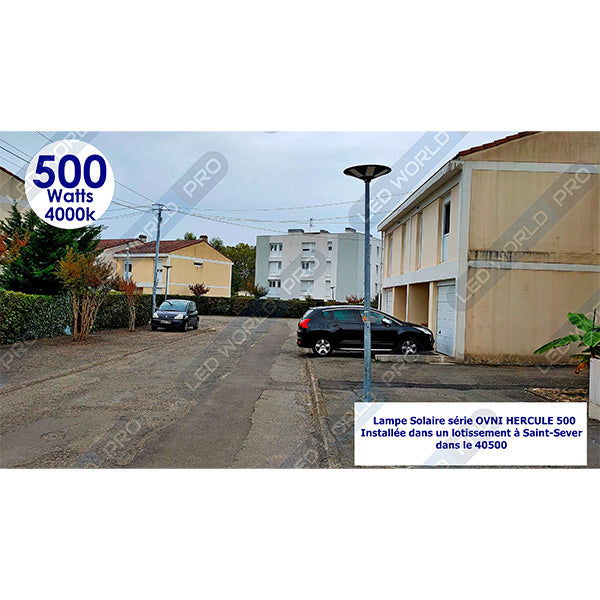 Pack lampadaire complet 3 mètres : Lampe solaire Série OVNI HERCULE 500 Watts - 2200 lumens - 3000K - Angle 360° + Mât STANDARD 3 mètres  (V1 EVO ou V4 EVO - Avec trappe)