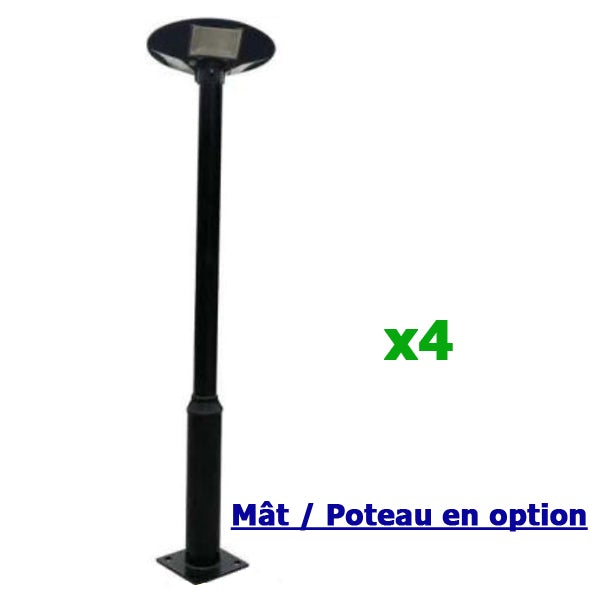 Pack de 4x Lampes solaires pour extérieur - Série OVNI BASIC - 250 Watts - 1900 lumens- Angle 360° -  IP65 - Avec détecteur de mouvement - Avec télécommande - Contrôleur MPPT - Diamètre tube d'insertion 80 mm - Mât / Support en option