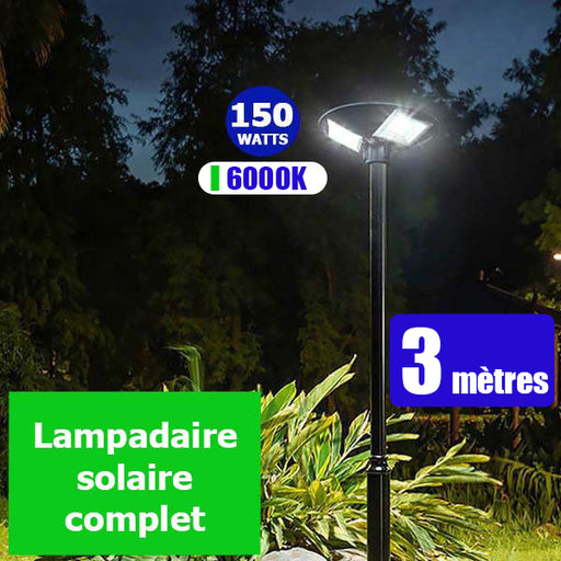 PACK Lampadaire Solaire complet : Lampe solaire pour extérieur série OVNI BASIC Rendu 150 Watts - 6000K + Mât 3 mètres Série STANDARD