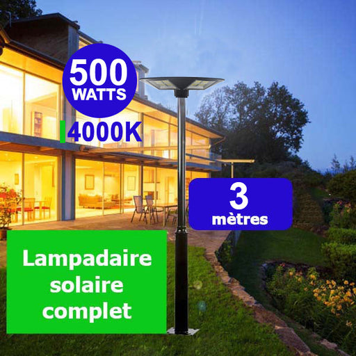 Pack lampadaire complet 3 mètres : Lampe solaire Série OVNI HERCULE 500 Watts - 2200 lumens - 4000K - Angle 360° + Mât STANDARD 3 mètres