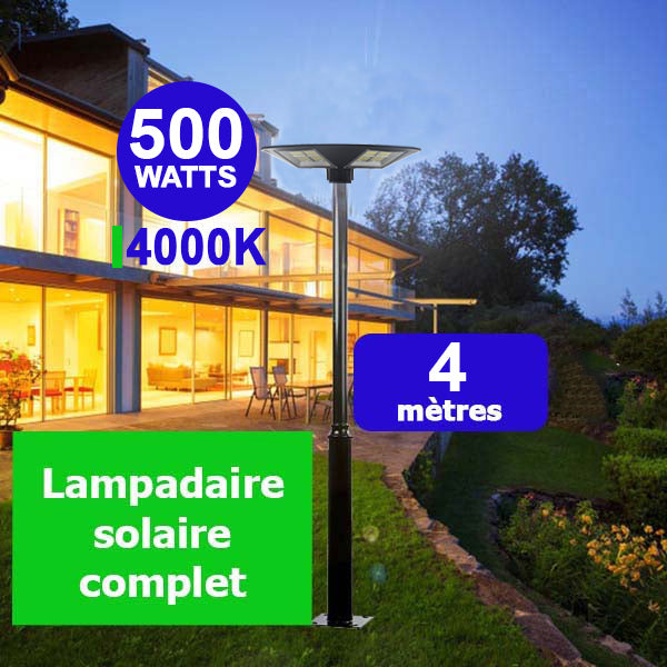 Pack lampadaire complet 4 mètres : Lampe solaire Série OVNI HERCULE 500 Watts - 2200 lumens - 4000K - Angle 360° + Mât STANDARD 4 mètres