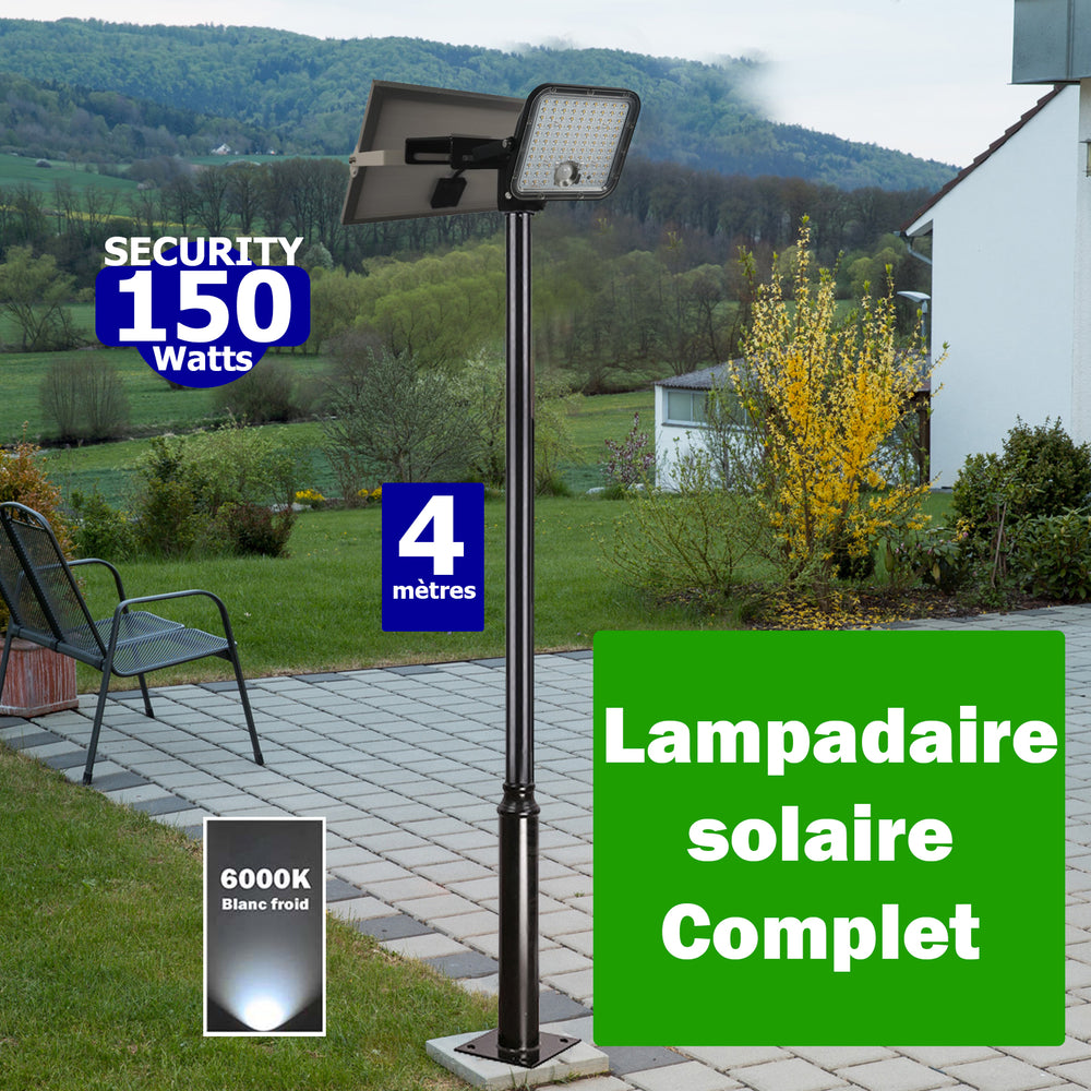Pack lampadaire complet 4 mètres : Projecteur LED solaire - Série SECURITY - Rendu lumineux 150 Watts 6000k + Mât STANDARD 4 mètres