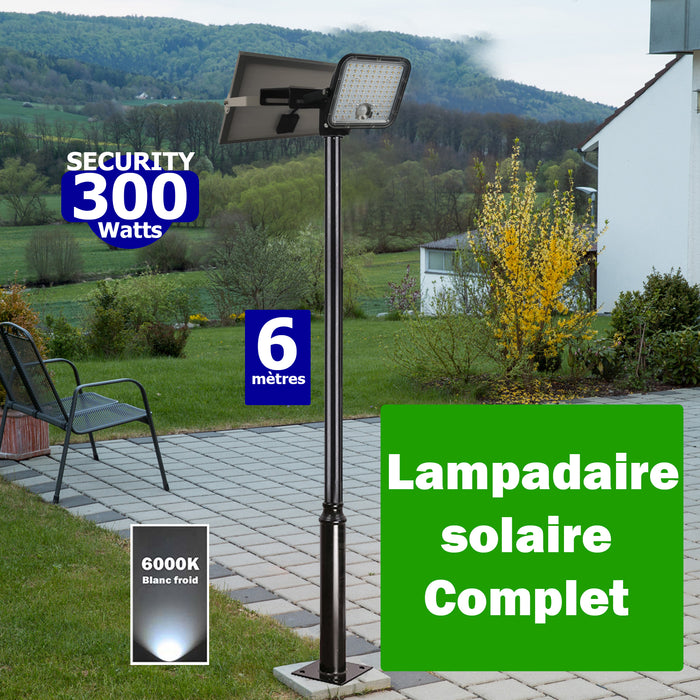 Pack lampadaire complet 6 mètres : Projecteur LED solaire - Série SECURITY - Rendu lumineux 300 Watts 6000k + Mât STANDARD 6 mètres