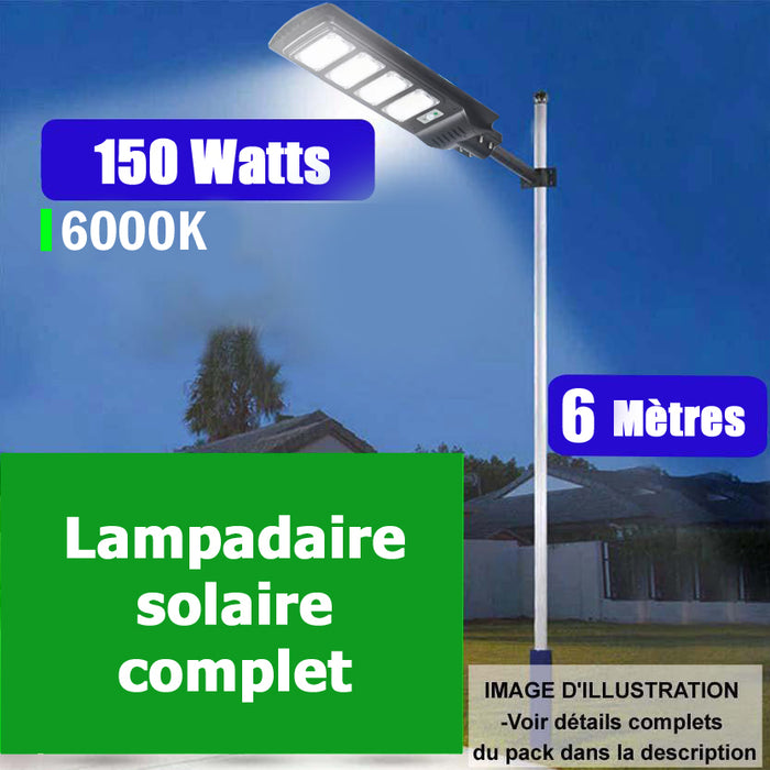 Pack lampadaire complet 6 mètres : Lampe solaire Série VIEW 150 Watts 6000k + Mât STANDARD 6 mètres