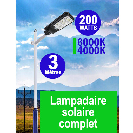 Pack lampadaire solaire complet 5 mètres : Lampe solaire pour extérieur -  Série OVNI FUTUR V2 - 1500 Watts - 3200 Lumens - 6000k + Mât STANDARD 5
